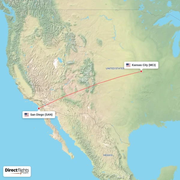 Kansas City - San Diego direct flight map