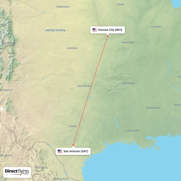 Kansas City - San Antonio direct flight map