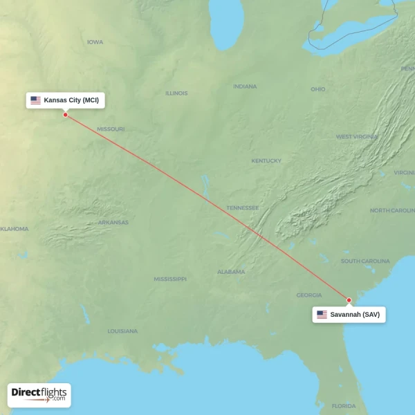 Kansas City - Savannah direct flight map