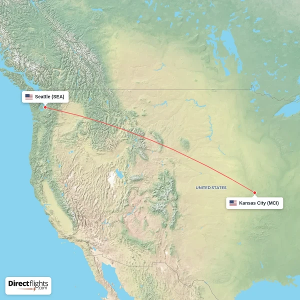 Kansas City - Seattle direct flight map