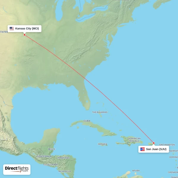 Kansas City - San Juan direct flight map
