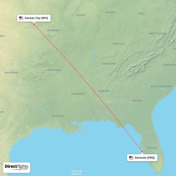Kansas City - Sarasota direct flight map