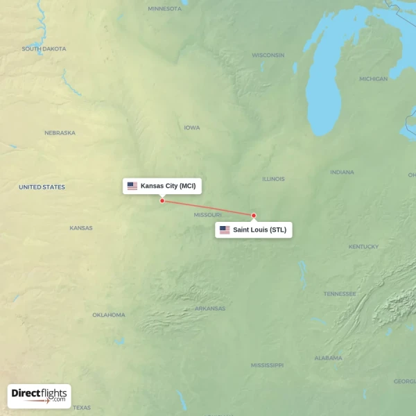 Kansas City - Saint Louis direct flight map
