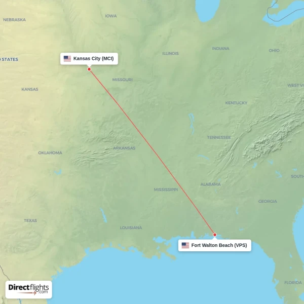 Kansas City - Fort Walton Beach direct flight map