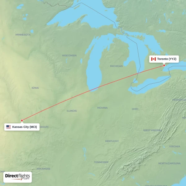 Kansas City - Toronto direct flight map