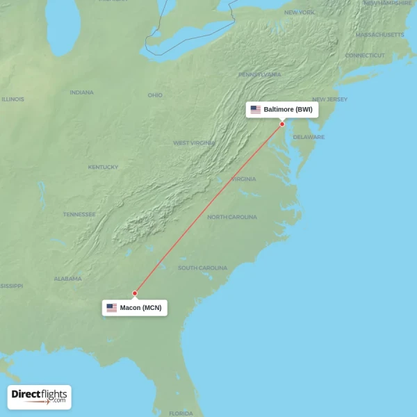 Macon - Baltimore direct flight map
