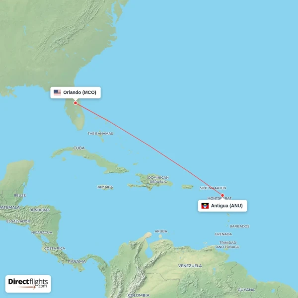 Orlando - Antigua direct flight map