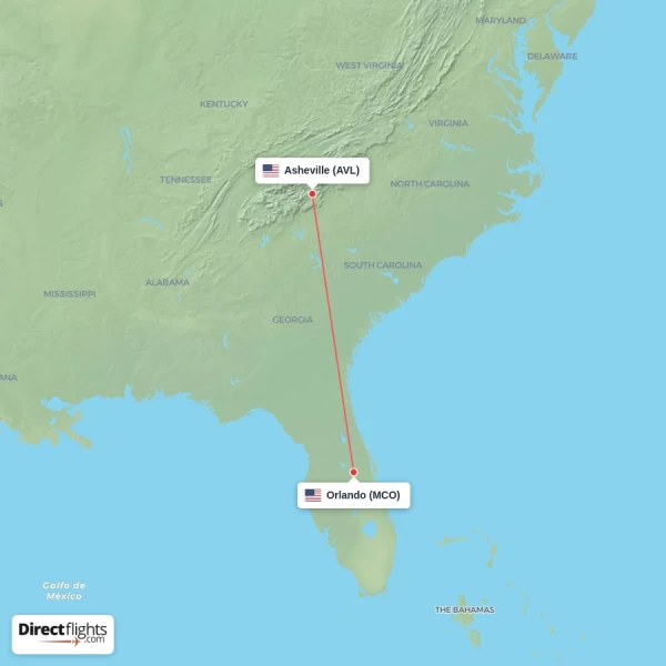 Orlando - Asheville direct flight map