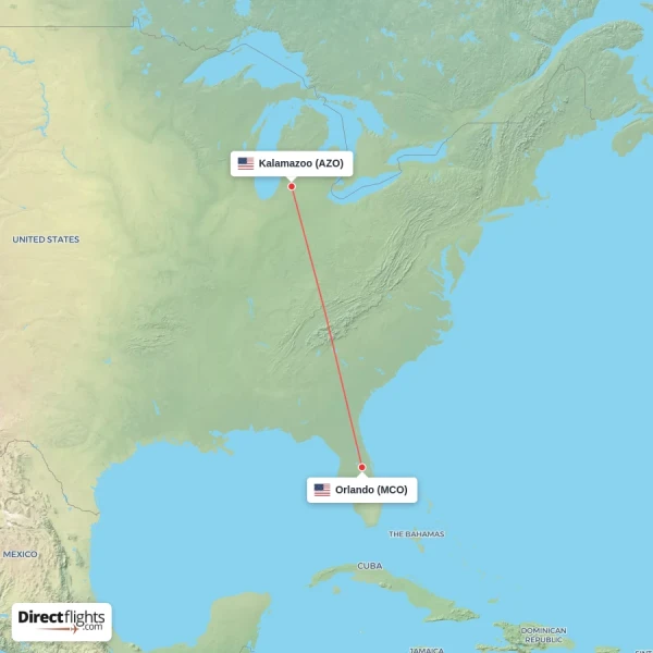 Orlando - Kalamazoo direct flight map