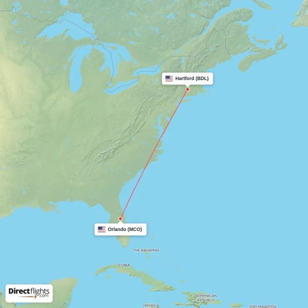 Orlando - Hartford direct flight map