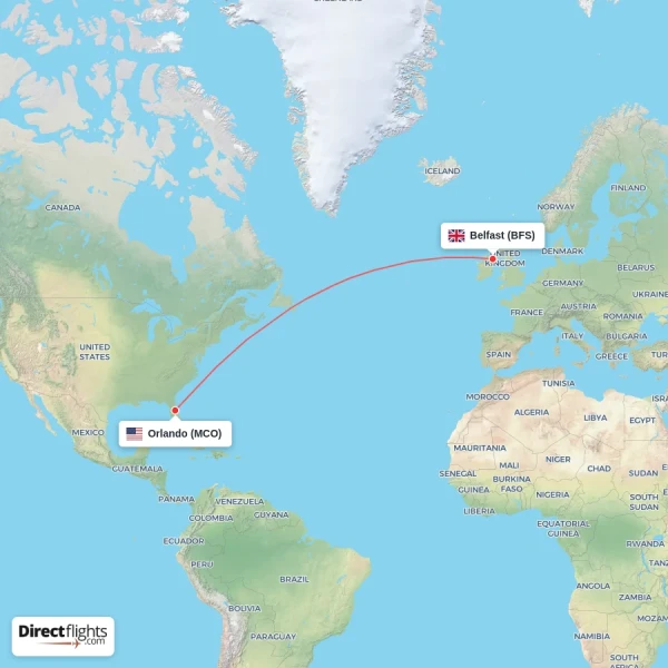 Orlando - Belfast direct flight map