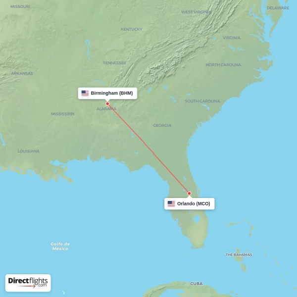 Orlando - Birmingham direct flight map