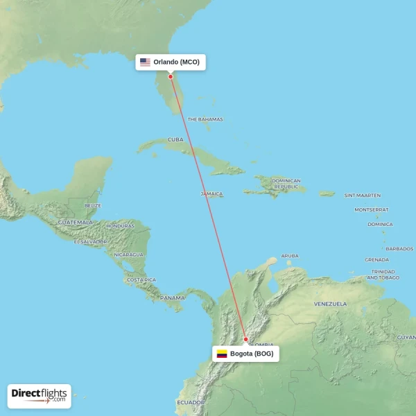 Orlando - Bogota direct flight map