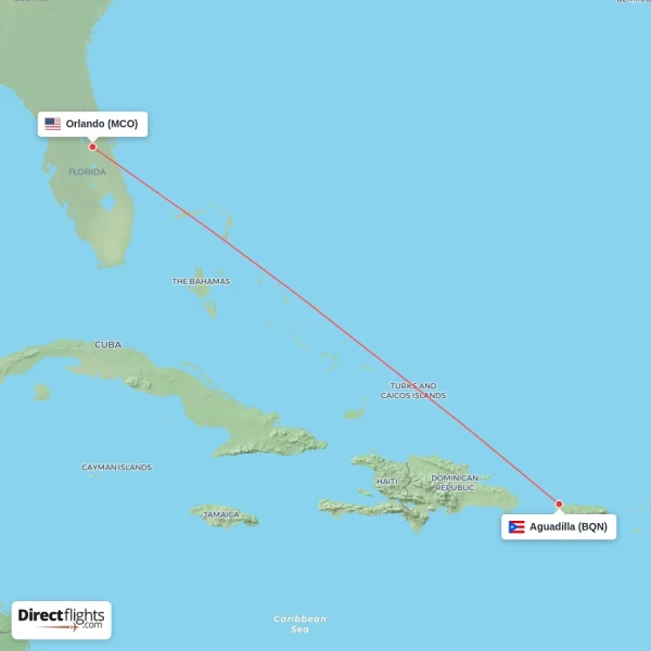 Orlando - Aguadilla direct flight map