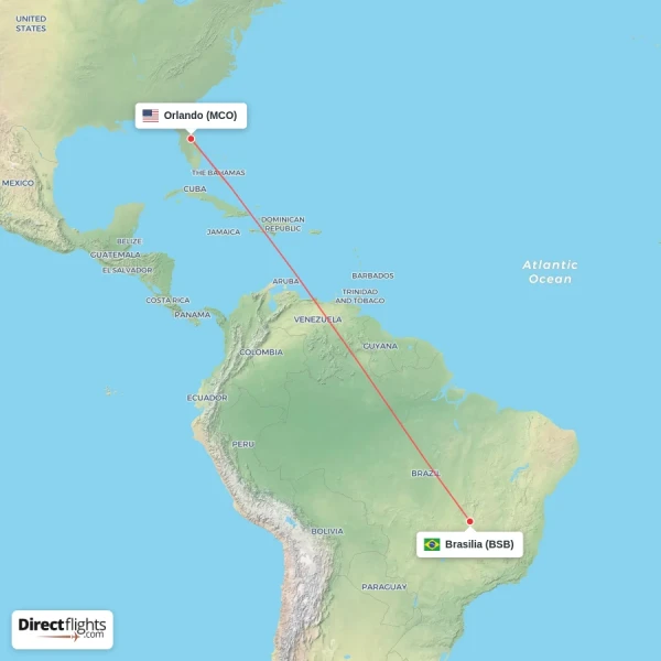 Orlando - Brasilia direct flight map