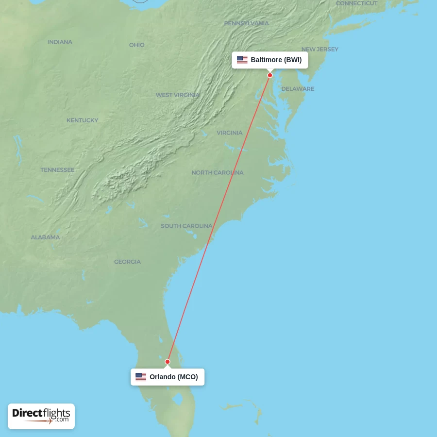 MCO - BWI route map