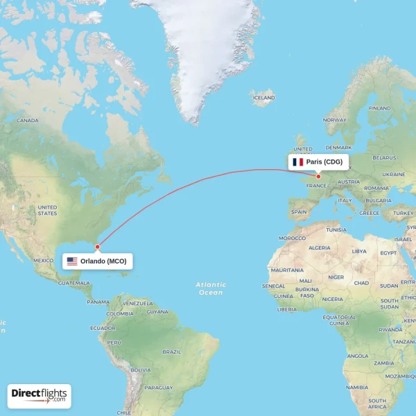 Orlando - Paris direct flight map