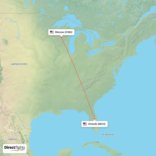 Orlando - Wausau direct flight map