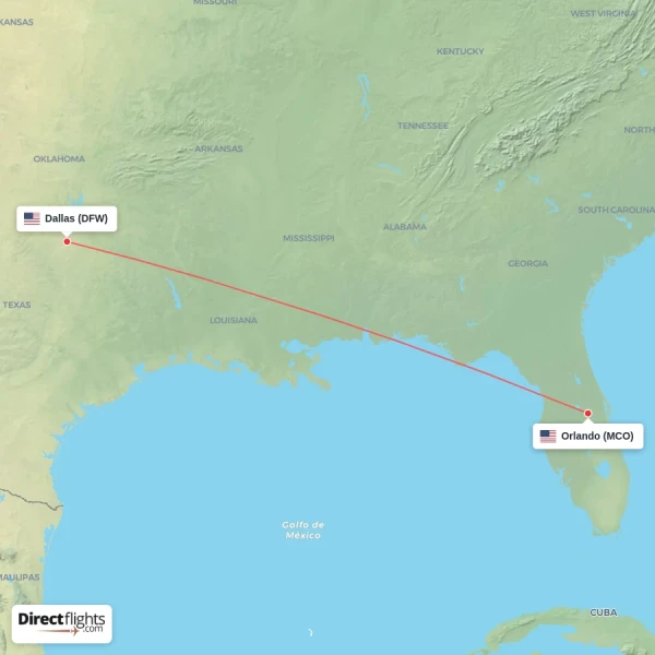 Orlando - Dallas direct flight map