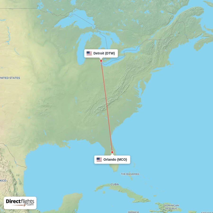 MCO - DTW route map