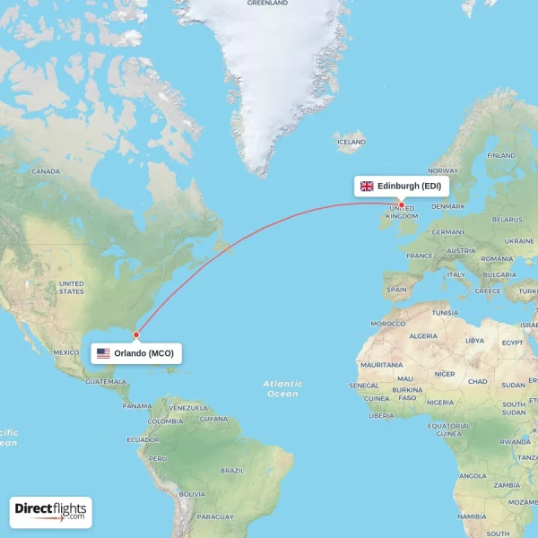 Orlando - Edinburgh direct flight map