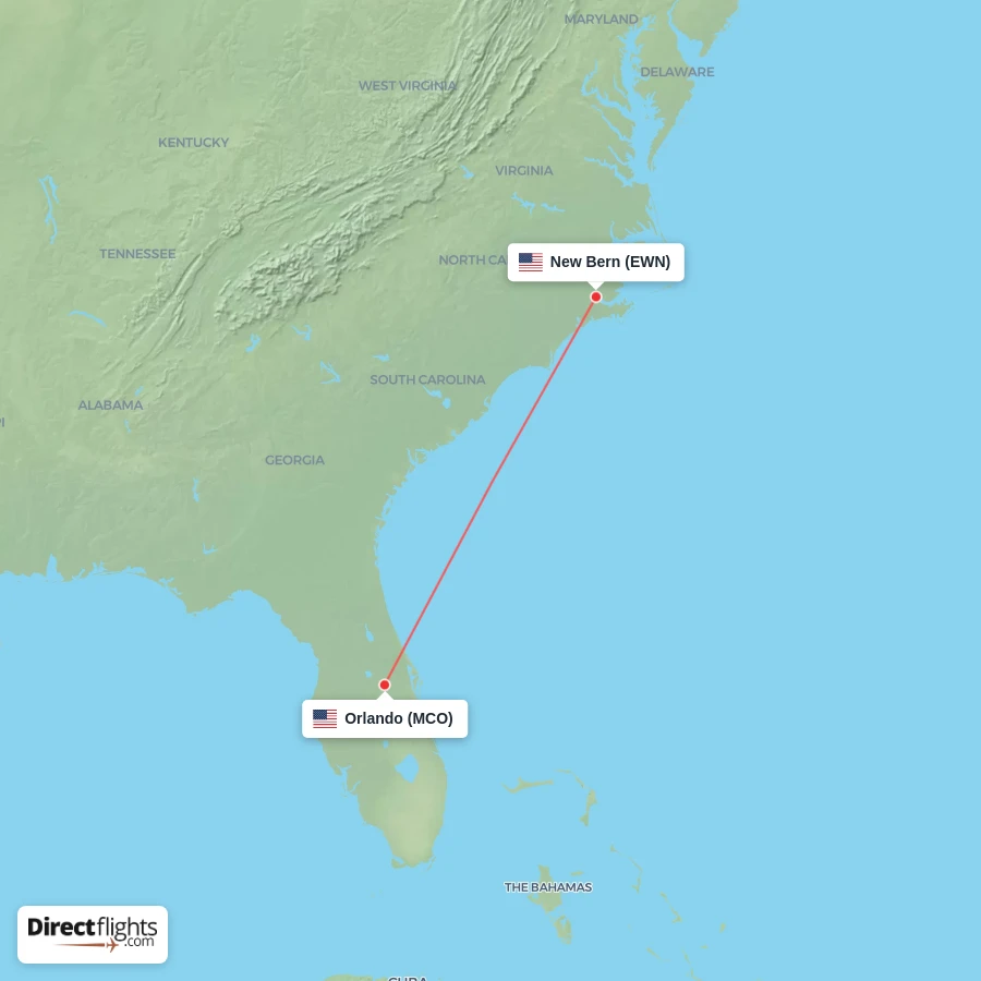 MCO - EWN route map