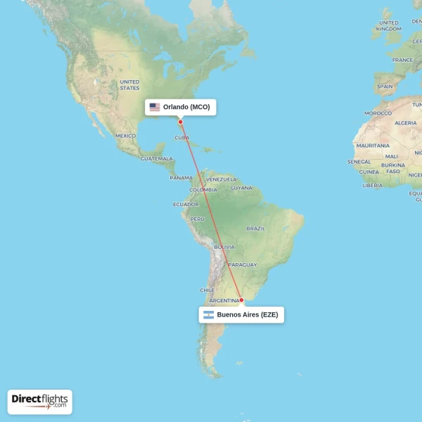 Orlando - Buenos Aires direct flight map