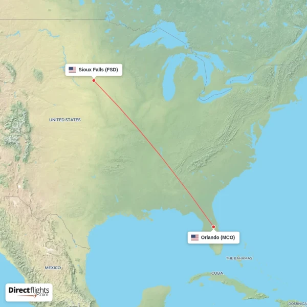 Orlando - Sioux Falls direct flight map