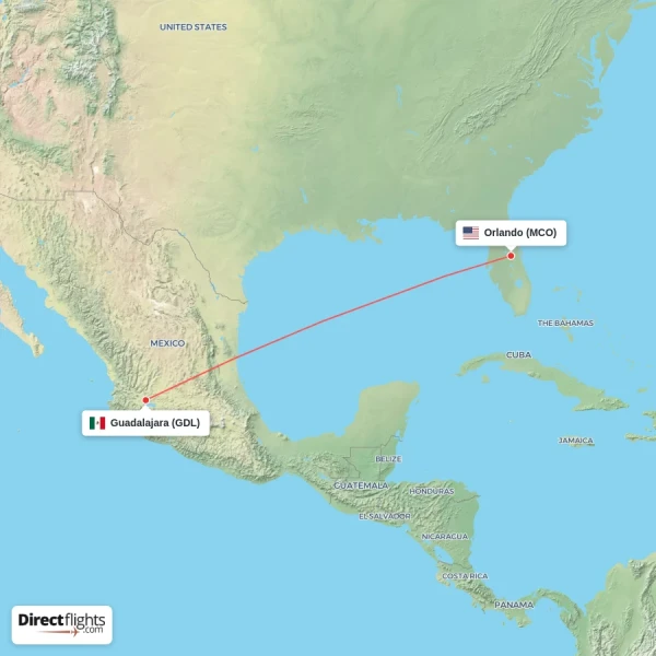Orlando - Guadalajara direct flight map