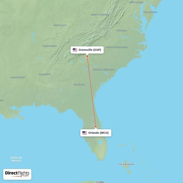 Orlando - Greenville direct flight map