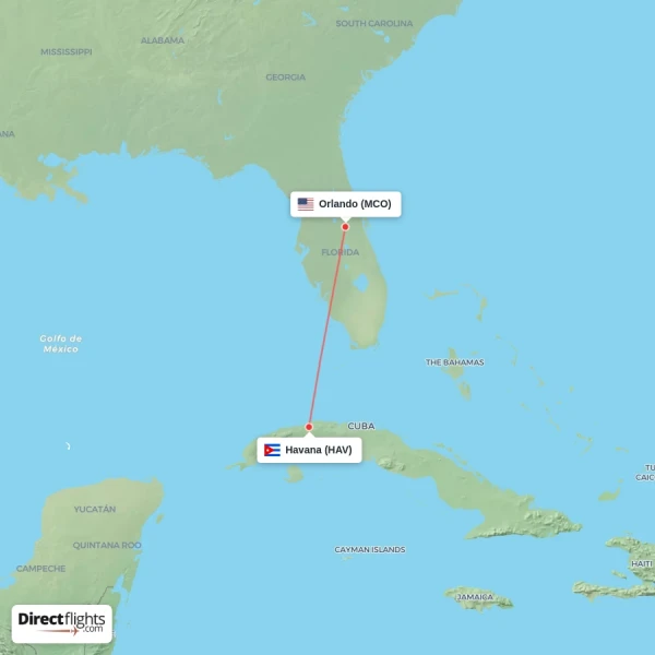 Orlando - Havana direct flight map