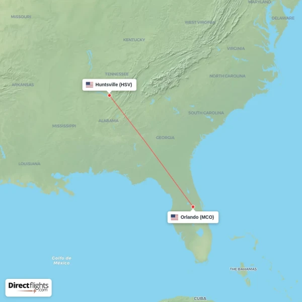 Orlando - Huntsville direct flight map