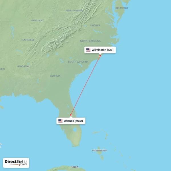 Orlando - Wilmington direct flight map