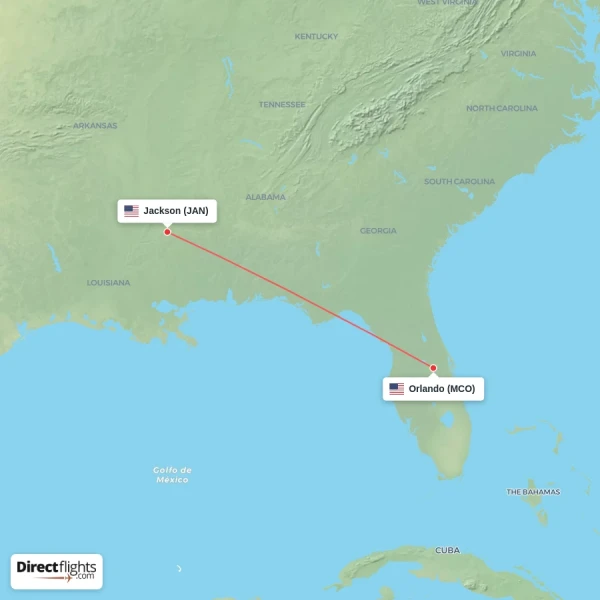 Orlando - Jackson direct flight map