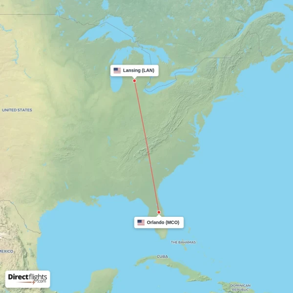 Orlando - Lansing direct flight map