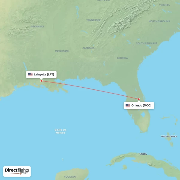 Orlando - Lafayette direct flight map