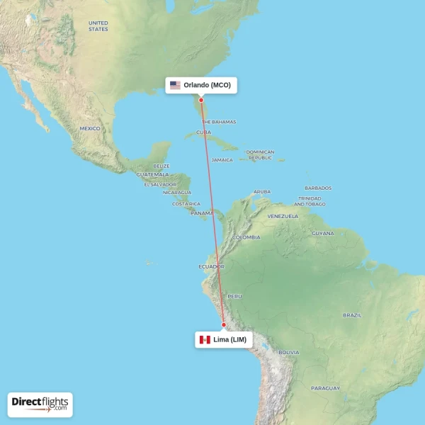 Orlando - Lima direct flight map