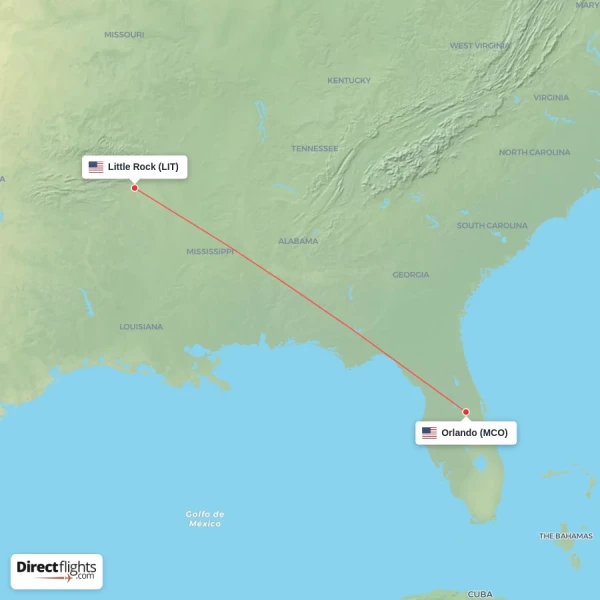 Orlando - Little Rock direct flight map