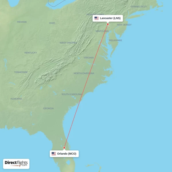 Orlando - Lancaster direct flight map