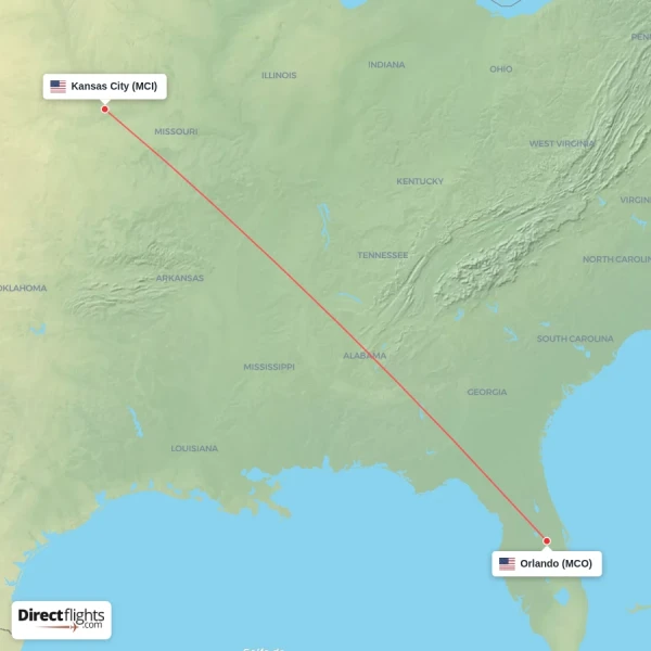 Orlando - Kansas City direct flight map