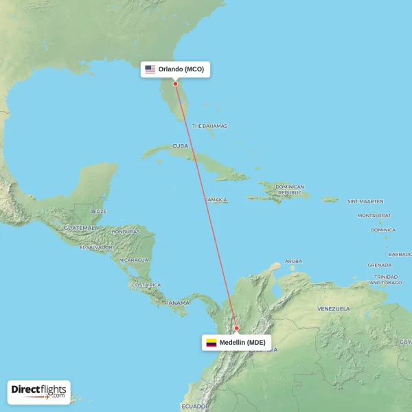 Orlando - Medellin direct flight map