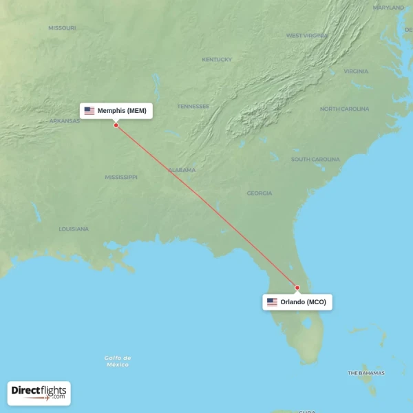 Orlando - Memphis direct flight map