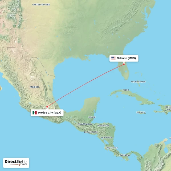 Orlando - Mexico City direct flight map