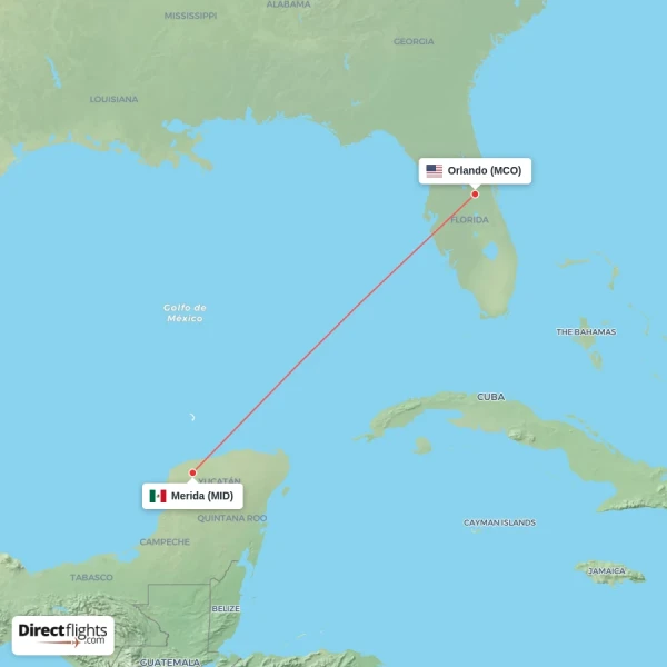Orlando - Merida direct flight map