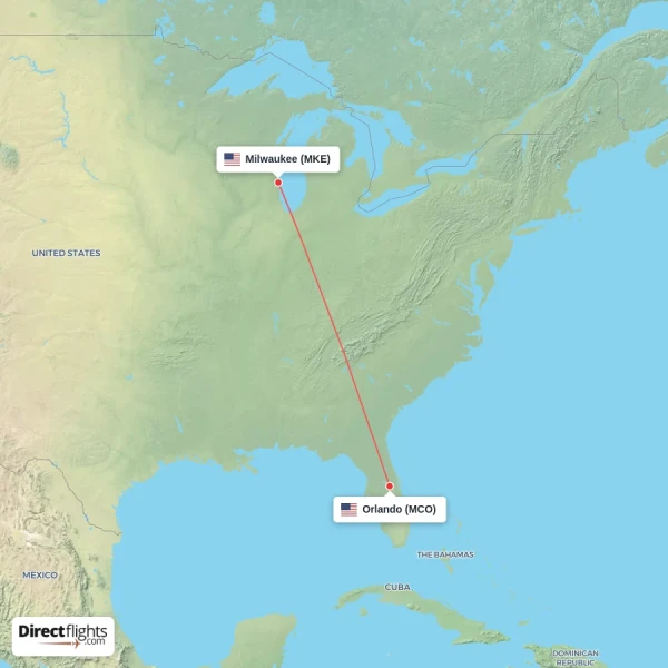 Orlando - Milwaukee direct flight map