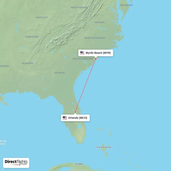 Orlando - Myrtle Beach direct flight map