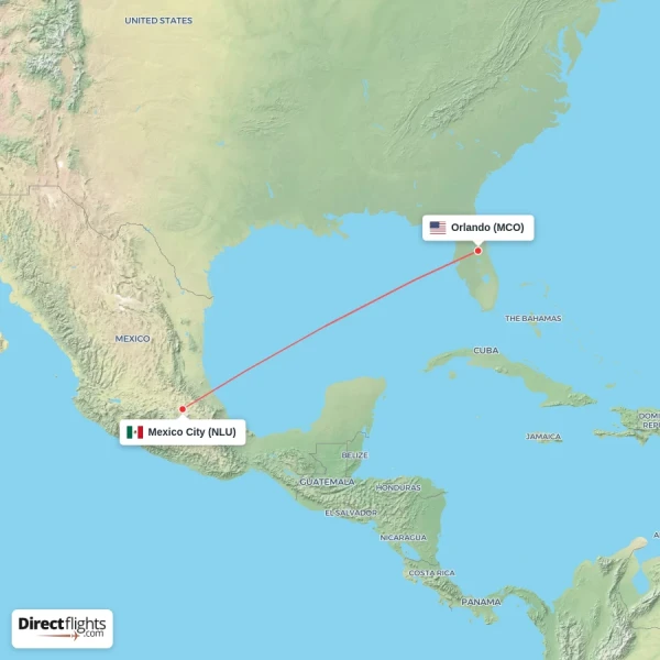 Orlando - Mexico City direct flight map