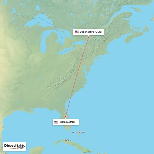 Orlando - Ogdensburg direct flight map