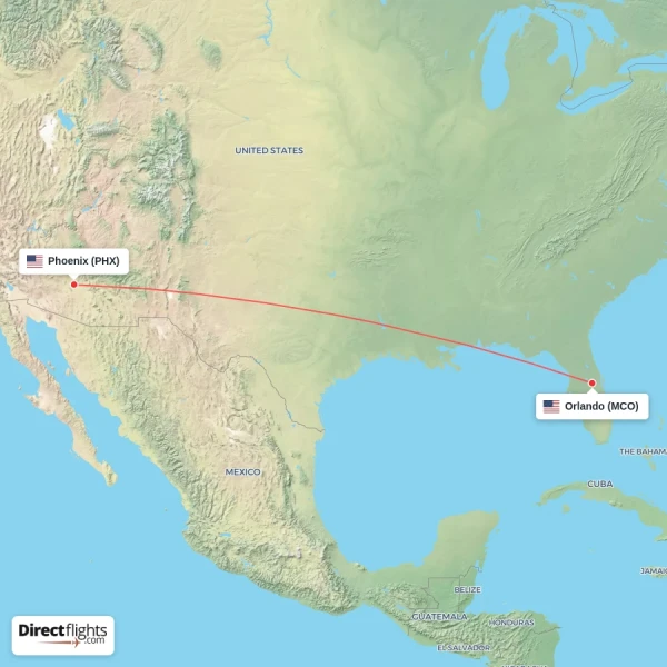 Orlando - Phoenix direct flight map