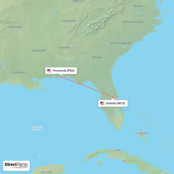 Orlando - Pensacola direct flight map